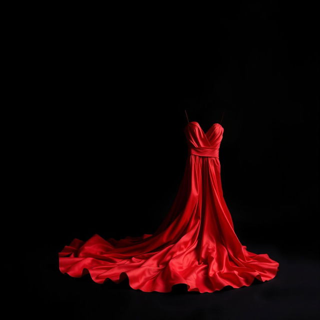 A visually striking composition featuring a vibrant red dress discarded at the bottom of the image, set against a deep black background