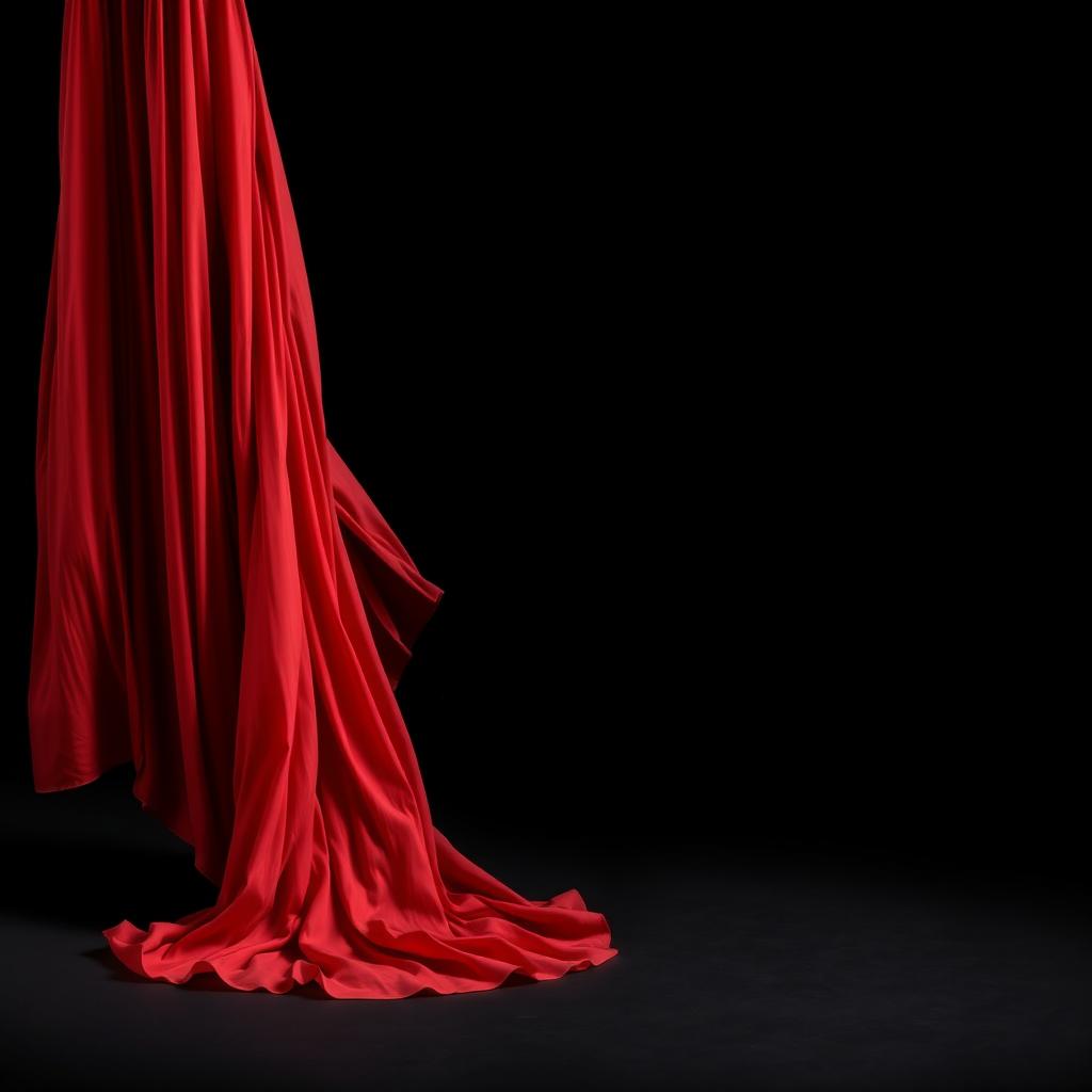 A visually striking composition featuring a vibrant red dress discarded at the bottom of the image, set against a deep black background