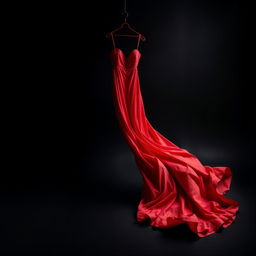 A visually striking composition featuring a vibrant red dress discarded at the bottom of the image, set against a deep black background