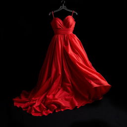 A visually striking composition featuring a vibrant red dress discarded at the bottom of the image, set against a deep black background