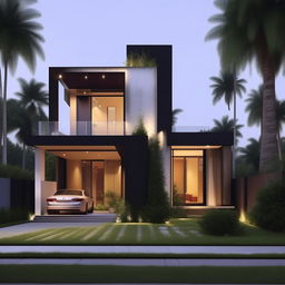 Design a detailed 3x8 meter house with modern architecture, well-structured interiors, and aesthetically pleasing exterior