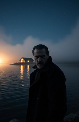 A scary man with a rugged appearance, wearing a dark coat and staring ominously, standing by a wide, tranquil lake