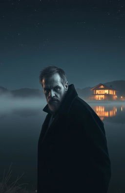 A scary man with a rugged appearance, wearing a dark coat and staring ominously, standing by a wide, tranquil lake
