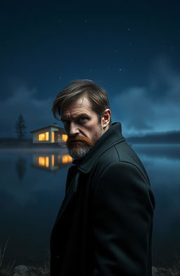 A scary man with a rugged appearance, wearing a dark coat and staring ominously, standing by a wide, tranquil lake