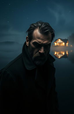 A scary man with a rugged appearance, wearing a dark coat and staring ominously, standing by a wide, tranquil lake