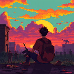 A young man sitting on the ground with a backpack and a weapon, admiring a stunning sunset during a zombie apocalypse