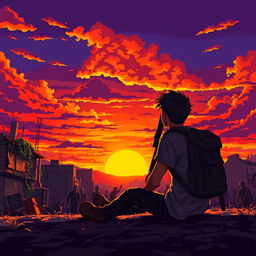 A young man sitting on the ground with a backpack and a weapon, admiring a stunning sunset during a zombie apocalypse