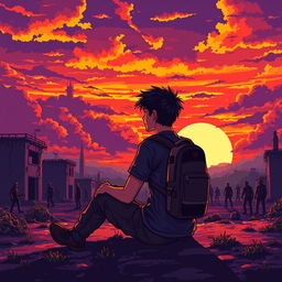 A young man sitting on the ground with a backpack and a weapon, admiring a stunning sunset during a zombie apocalypse