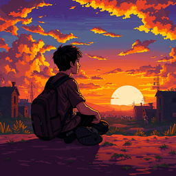 A young man sitting on the ground with a backpack and a weapon, admiring a stunning sunset during a zombie apocalypse