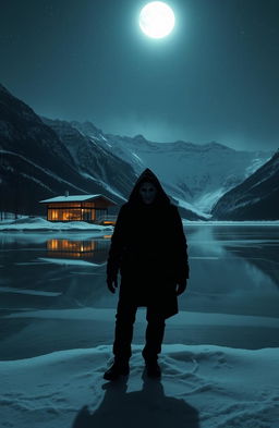 A scary man standing ominously by a wide, frozen lake at night, the scene illuminated by the moonlight, with a modern glass house reflecting on the still water