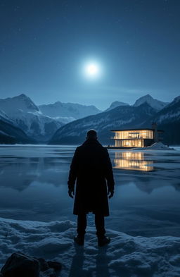 A scary man standing ominously by a wide, frozen lake at night, the scene illuminated by the moonlight, with a modern glass house reflecting on the still water