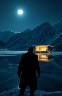 A scary man standing ominously by a wide, frozen lake at night, the scene illuminated by the moonlight, with a modern glass house reflecting on the still water