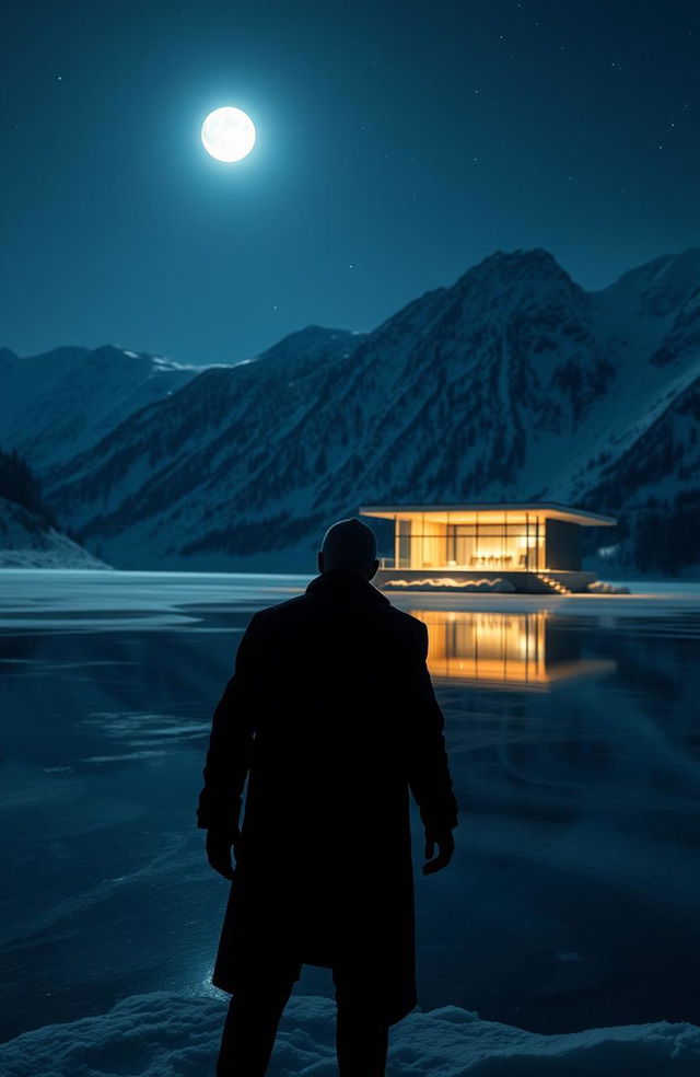 A scary man standing ominously by a wide, frozen lake at night, the scene illuminated by the moonlight, with a modern glass house reflecting on the still water