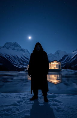 A scary man standing ominously by a wide, frozen lake at night, the scene illuminated by the moonlight, with a modern glass house reflecting on the still water