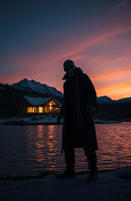 A scary man standing ominously by a wide, dark lake, with a modern house illuminated in the background