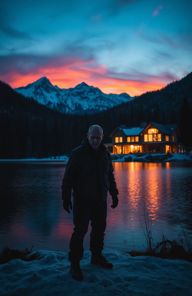 A scary man standing ominously by a wide, dark lake, with a modern house illuminated in the background