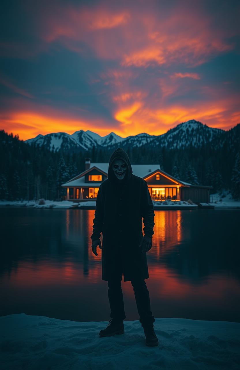 A scary man standing ominously by a wide, dark lake, with a modern house illuminated in the background