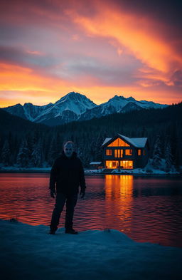 A scary man standing ominously by a wide, dark lake, with a modern house illuminated in the background