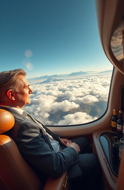 A wealthy billionaire embarking on an extravagant journey, riding in a luxurious private jet soaring above the clouds, surrounded by stunning landscapes of mountains and ocean views