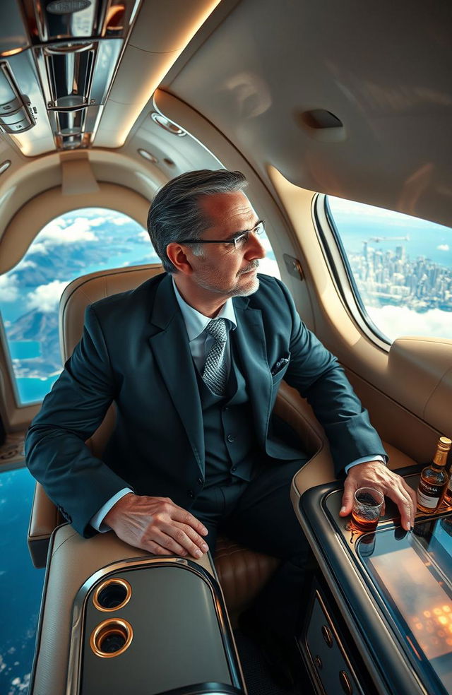 A wealthy billionaire embarking on an extravagant journey, riding in a luxurious private jet soaring above the clouds, surrounded by stunning landscapes of mountains and ocean views