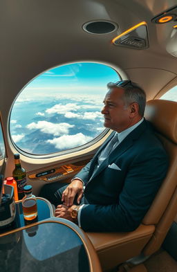 A wealthy billionaire embarking on an extravagant journey, riding in a luxurious private jet soaring above the clouds, surrounded by stunning landscapes of mountains and ocean views