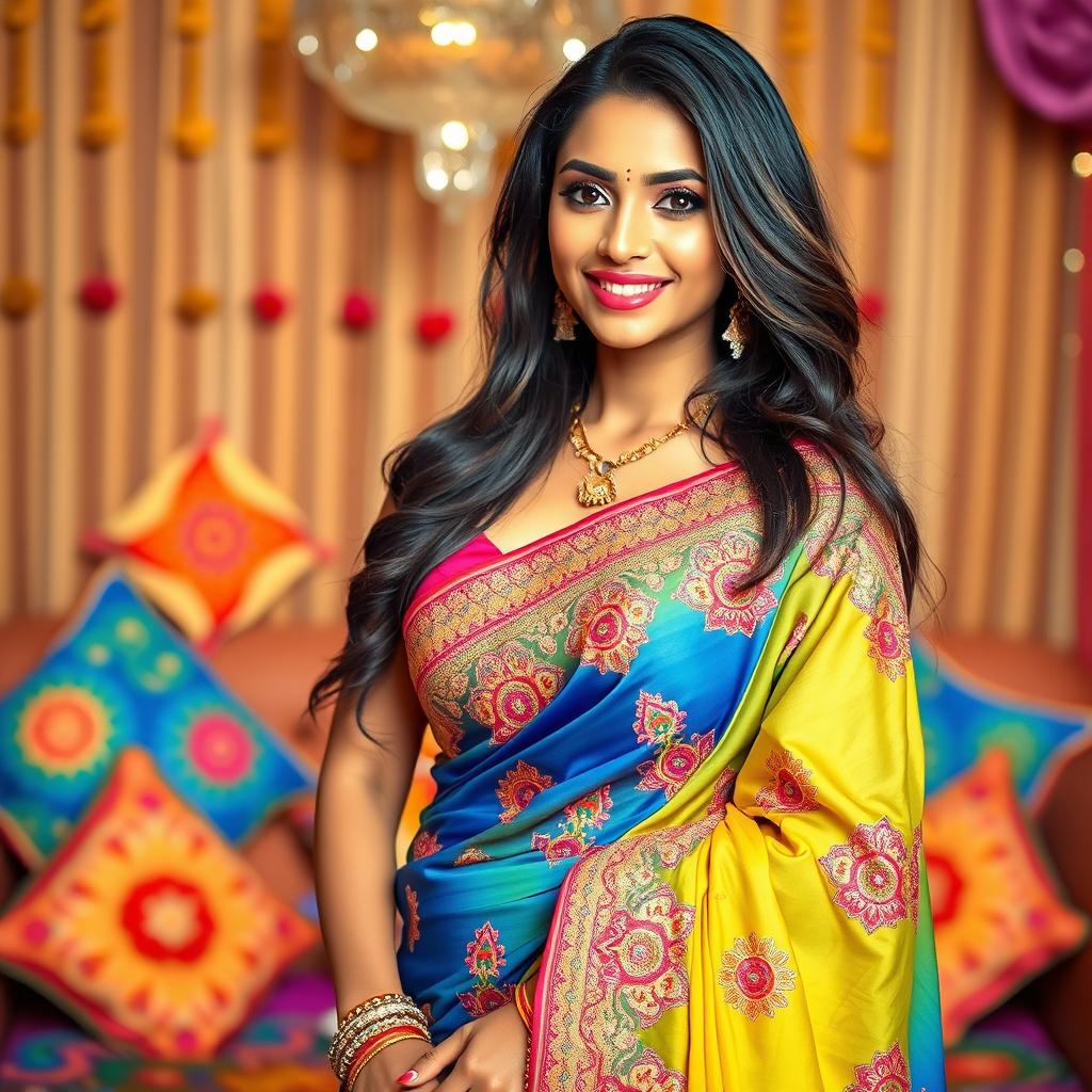 A sultry, attractive South Asian woman, styled in vibrant traditional attire, showcasing a beautiful ornate saree with intricate embroidery