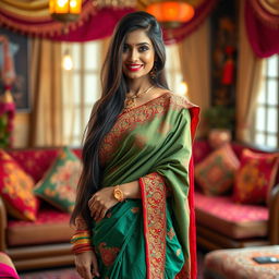 A sultry, attractive South Asian woman, styled in vibrant traditional attire, showcasing a beautiful ornate saree with intricate embroidery