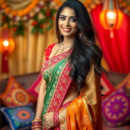 A sultry, attractive South Asian woman, styled in vibrant traditional attire, showcasing a beautiful ornate saree with intricate embroidery