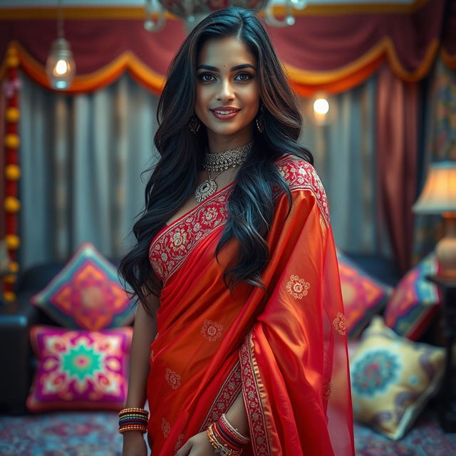 A sultry, attractive South Asian woman, styled in vibrant traditional attire, showcasing a beautiful ornate saree with intricate embroidery