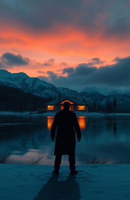 A scary man standing ominously by a wide lake, across from a modern house illuminated at night