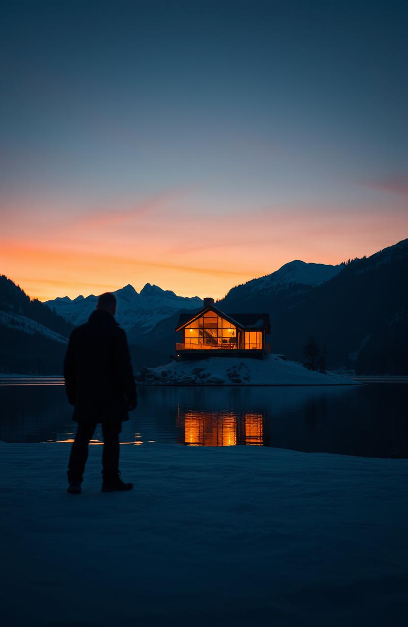 A scary man standing ominously by a wide lake, across from a modern house illuminated at night