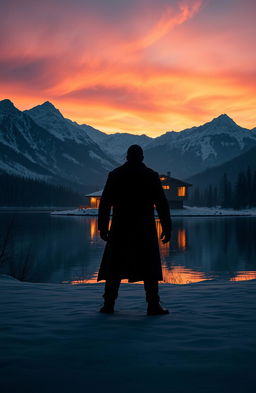 A scary man standing ominously by a wide lake, across from a modern house illuminated at night