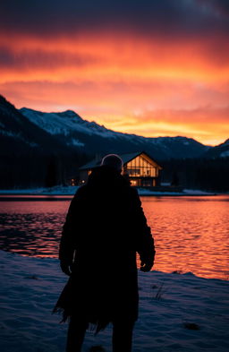 A scary man standing ominously by a wide lake, across from a modern house illuminated at night