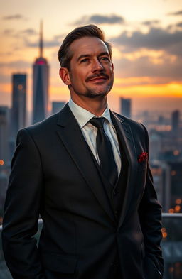 A billionaire man on an emotional quest for love, standing confidently against a luxurious city skyline at sunset