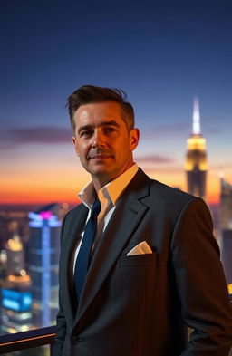 A billionaire man on an emotional quest for love, standing confidently against a luxurious city skyline at sunset