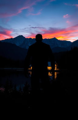 A scary man standing ominously by a wide, tranquil lake, across from a sleek, modern house illuminated at night