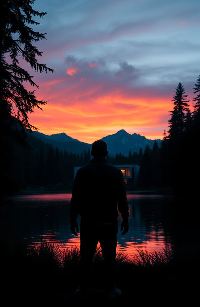 A scary man standing ominously by a wide, tranquil lake, across from a sleek, modern house illuminated at night