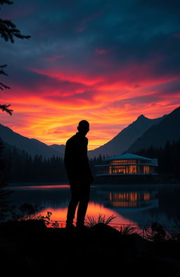 A scary man standing ominously by a wide, tranquil lake, across from a sleek, modern house illuminated at night