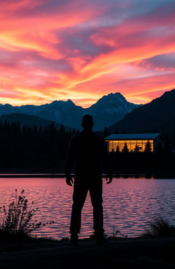 A scary man standing ominously by a wide, tranquil lake, across from a sleek, modern house illuminated at night