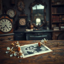 A poignant scene depicting the theme of lost memories, featuring an old, weathered photograph lying on a wooden table, slightly faded and showing a happy couple from decades ago