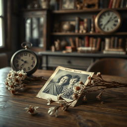 A poignant scene depicting the theme of lost memories, featuring an old, weathered photograph lying on a wooden table, slightly faded and showing a happy couple from decades ago