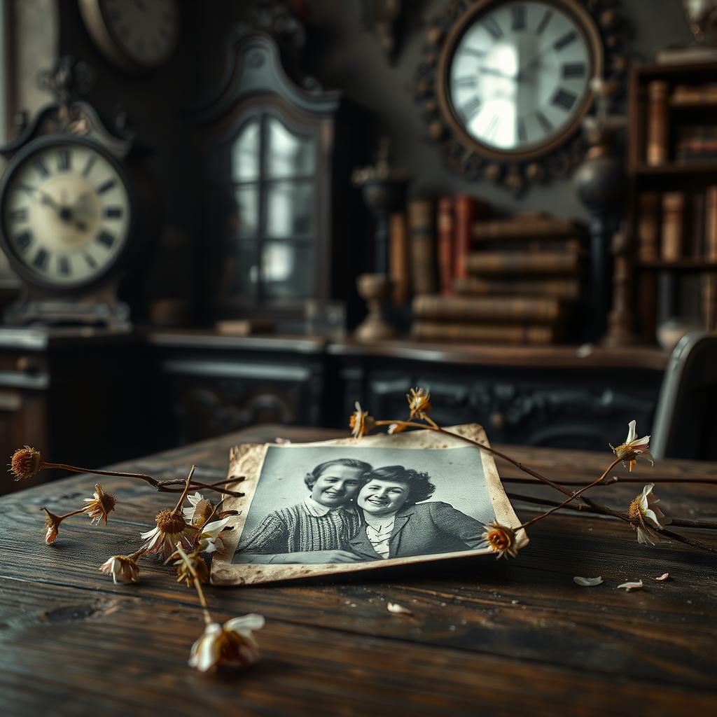 A poignant scene depicting the theme of lost memories, featuring an old, weathered photograph lying on a wooden table, slightly faded and showing a happy couple from decades ago