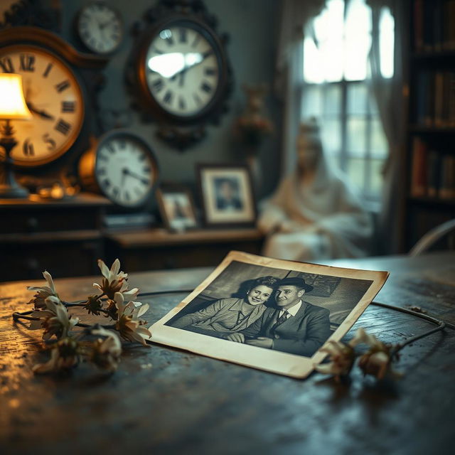 A poignant scene depicting the theme of lost memories, featuring an old, weathered photograph lying on a wooden table, slightly faded and showing a happy couple from decades ago