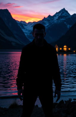 A frightening man standing ominously by a wide lake, with a modern house visible on the opposite shore