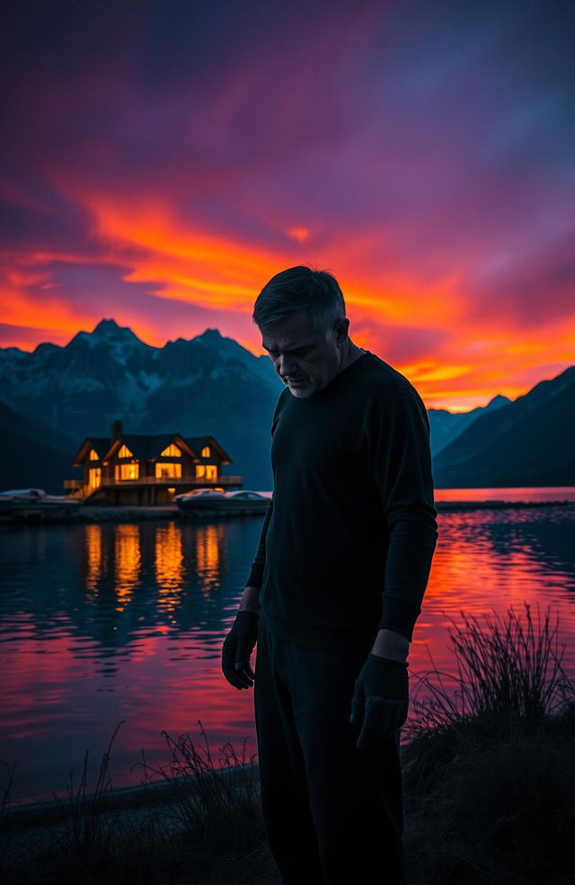 A frightening man standing ominously by a wide lake, with a modern house visible on the opposite shore