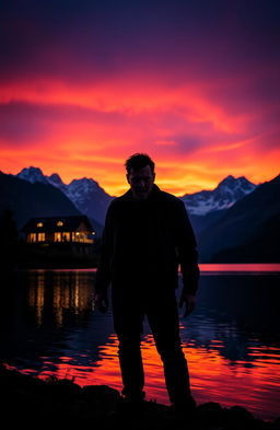 A frightening man standing ominously by a wide lake, with a modern house visible on the opposite shore