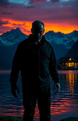 A frightening man standing ominously by a wide lake, with a modern house visible on the opposite shore