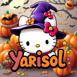 A whimsical Halloween-themed image featuring Hello Kitty dressed in a cute witch costume, adorned with a tiny pointed hat and a playful broomstick