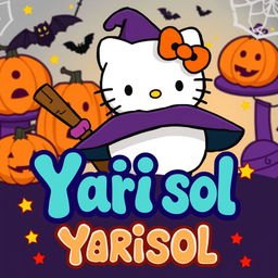 A whimsical Halloween-themed image featuring Hello Kitty dressed in a cute witch costume, adorned with a tiny pointed hat and a playful broomstick