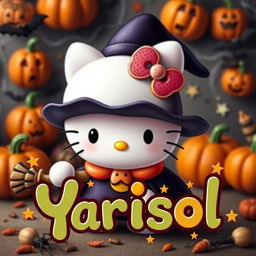 A whimsical Halloween-themed image featuring Hello Kitty dressed in a cute witch costume, adorned with a tiny pointed hat and a playful broomstick